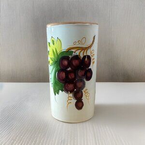 Pier 1 Clay Kitchen Utensil Holder Hand Painted in Italy White w/Red Grapes 8.5”